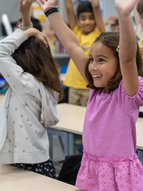 Students raising hands in class