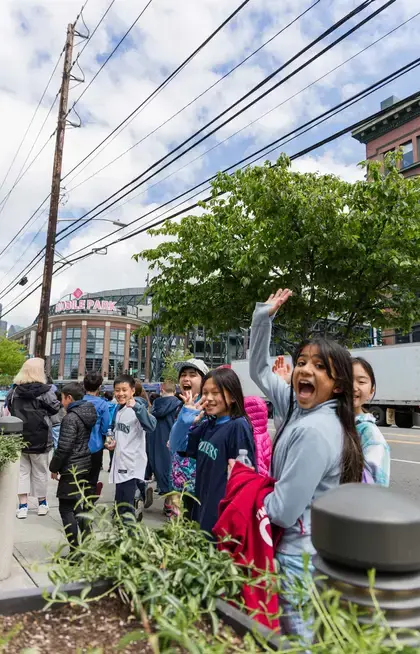 Students walking on field trip